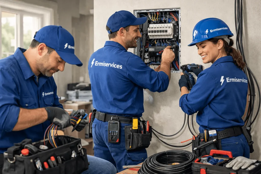 Électriciens Ermiservices intervenant sur un tableau électrique résidentiel à Cayenne